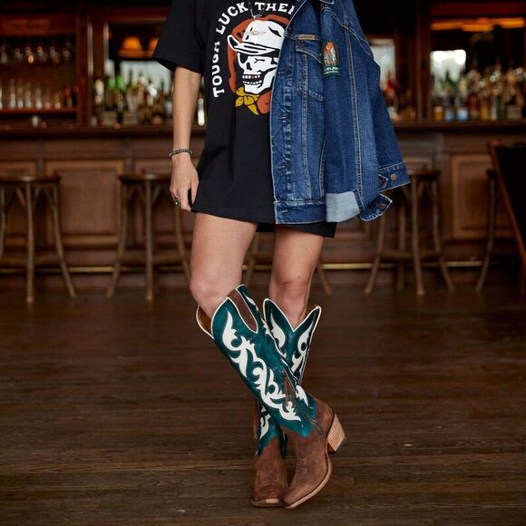 NWT Womens 9 Ariat Elvira Stretchfit Boot Western Green Brown White Leather Tall - Picture 2 of 14